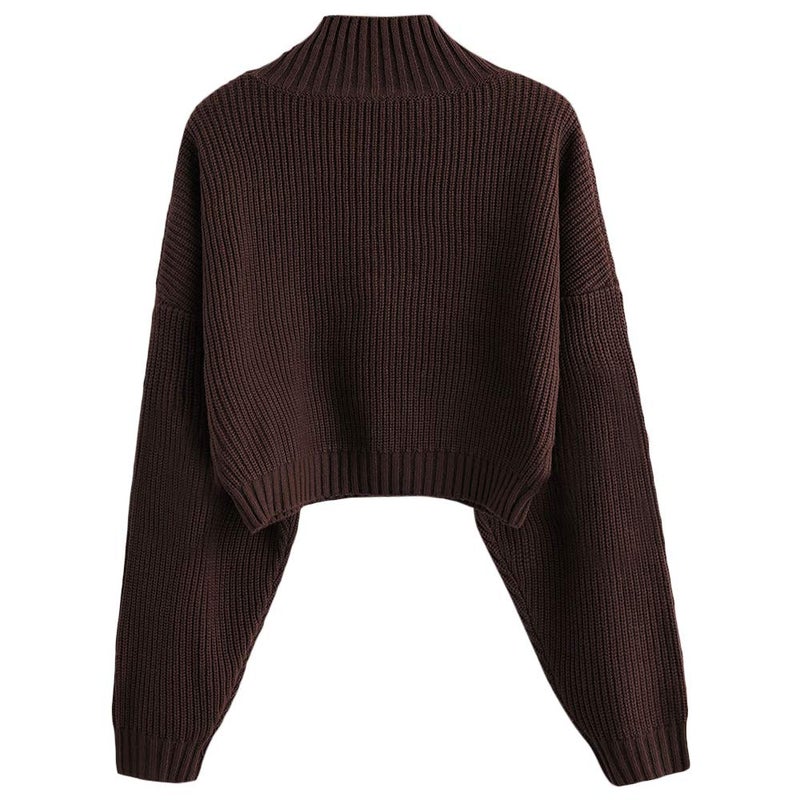 ZAFUL Women's Pullover Sweater Drop Shoulder Plain Knitted Cropped Sweater Pullover Mock Neck Solid Long Sleeve Cropped Top(Small,Deep Brown) - Image 2
